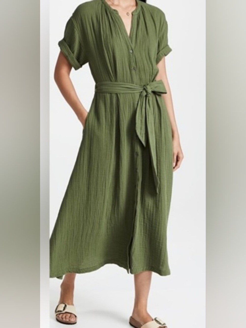 Xirena Cate Green Midi Dress Gauze Shoet Sleeve Ties At Waist